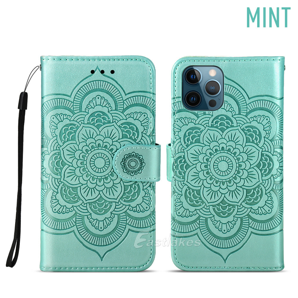Floral Embossed Leather Wallet Case for iPhone 12 mini 11 Pro Max X XS XR - Eastlakes Electronics
